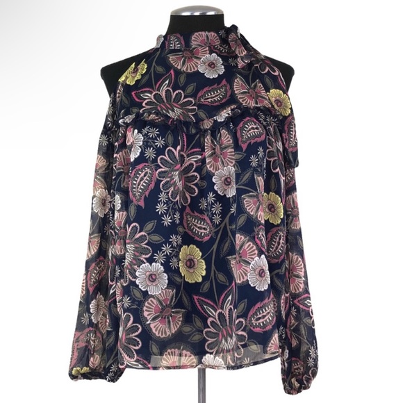 Libby Edelman - Sheer Tie Neck Floral Cold Shoulder Top - Picture 2 of 11